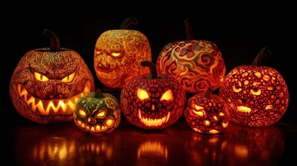 Several pumpkins are carved with different designs lit from within creating glowing faces. They sit on a surface showcasing Halloween spirit during the evening hours in fall.
