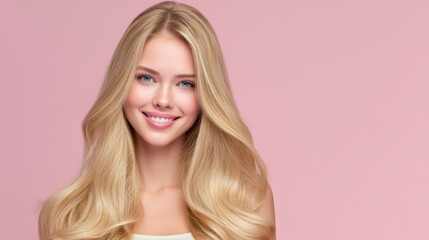 Naklejka premium A young woman stands in front of a light pink background. She smiles while showing her long blonde hair. The setting looks bright and is likely a photo shoot in a studio.