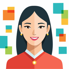 A smiling businesswoman with dark hair wearing a red shirt stands confidently amidst colorful square shapes