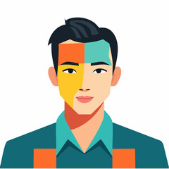 A colorful illustration of a man with a divided face, showcasing different colors and patterns on his shirt and face