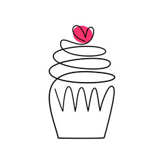 One Line Cupcake Vector with Heart Cherry – Simple Outline Drawing