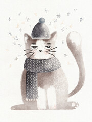 Funny Christmas cat illustration. Grumpy cat drawn on canvas paper. Whimsical cat wearing a gray knit hat with a pom-pom and a matching scarf. Winter cat postcard