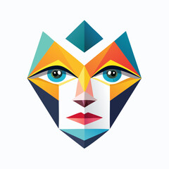 Geometric illustration of a face with intense gaze, vibrant colors, and sharp angles, viewed from the front