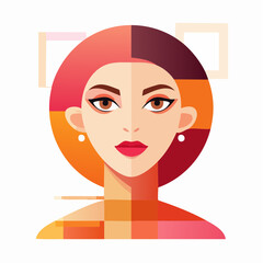 Vibrant illustrated portrait of a woman with diverse facial features in a geometric pattern from a frontal viewpoint