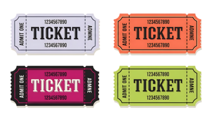 Four colorful vintage ticket illustrations with text ideal for design projects on transparent background