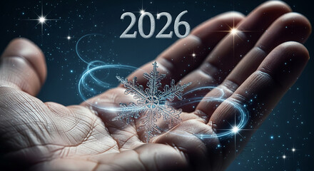 Close-up of hand holding snowflake with 2026 year over it, sparkling star background, symbolizing winter, future, and new beginning, hope.