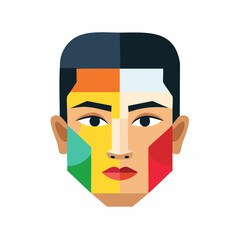 Stylized human face illustration with multicolored geometric patterns and abstract design elements viewed from the front