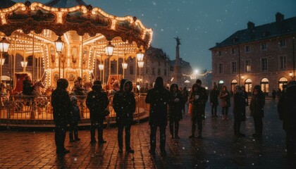 Obraz premium Brightly lit vintage carousel glows warmly on a snowy winter evening as people gather in a festive town square to enjoy the magical holiday atmosphere