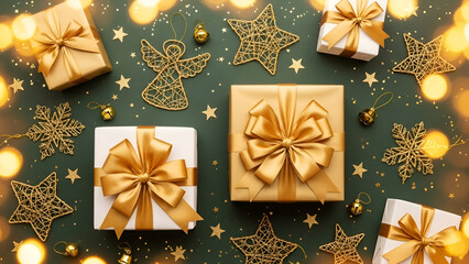 Elegant Christmas flat lay on dark emerald green background featuring gold and white striped gift boxes, gold snowflake ornaments, and warm twinkling bokeh lights. Top view holiday composition.