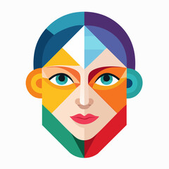 Vibrant geometric portrait of a woman's face with diverse colorful patterns and shapes viewed from the front
