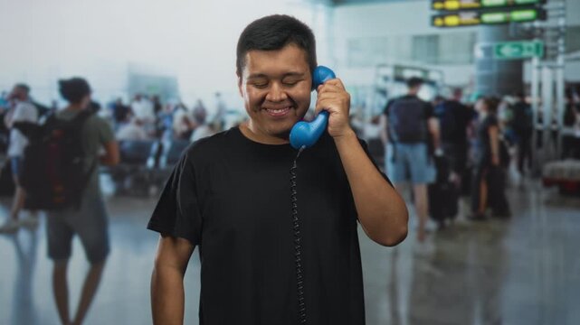 Hispanic man holds blue handset to ear and points finger to head in busy airport terminal; thinking curiosity happy.
