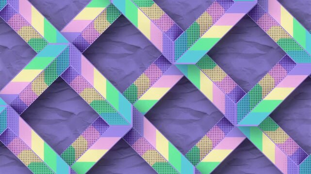 Seamless 3D animation of intertwining square frames on a purple background. An '80s-style geometric pattern with a crumpled paper texture and pastel colors. Retro design for motion graphics