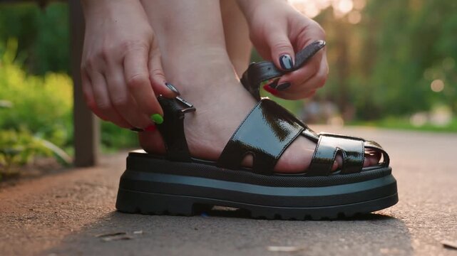 preparing for sunset walk, elegant lady fitting her sandals carefully, sunset casting warm light as woman secures shoes, woman ensures her sandals are securely fastened before evening walk