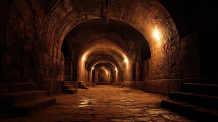 Naklejka premium Visitors walk through a dimly lit underground passage. Stone walls and archways create a historical feeling. Warm lights illuminate the path. This place tells stories of the past.