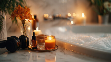 Relaxing spa evening with candles, flowers, and a warm bath for self-care. This image captures a cozy atmosphere perfect for a romantic evening or a relaxing self-care ritual