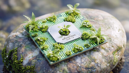Green Technology Microchip with Plants Growing on Circuit Board nature