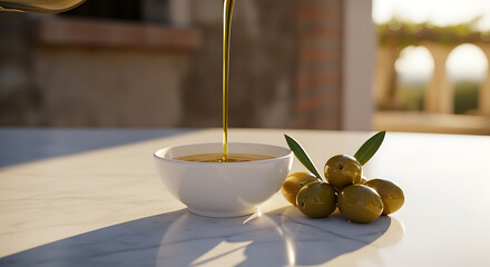 Pouring fresh olive oil into a bowl with green olives on marble