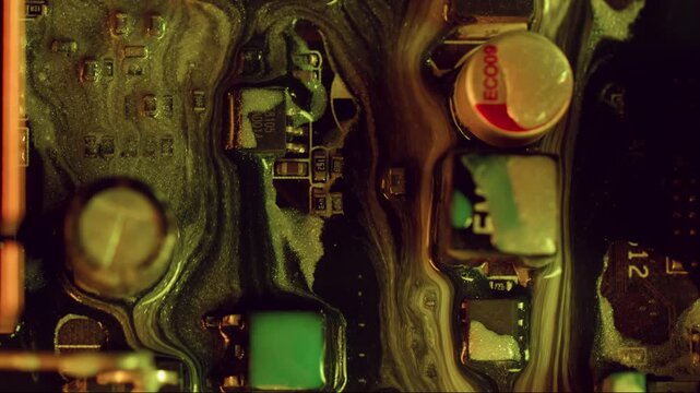 Ink drip. Electronic board. Defocused green orange color glitter acrylic liquid microchip wet texture flow on abstract art background.