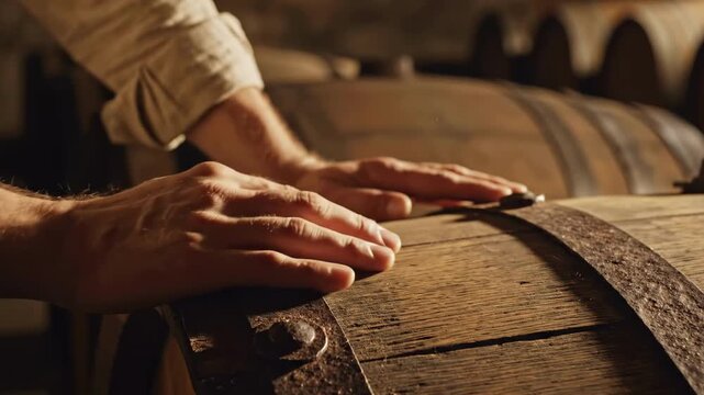 Close up shot of a winemaker's hands gently touching an old wooden barrel in a dark cellar, checking the aging process of wine or whiskey in slow motion.