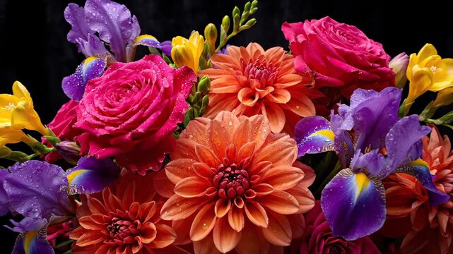 Fresh dahlia, rose, iris, and freesia flowers form a stunning bouquet, gently turning. This vibrant floral display is glistening with dew, creating a beautiful and colorful scene