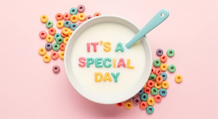 "IT'S A SPECIAL DAY" Cereal in Milk with Colorful Loops, Joyful Morning Celebration