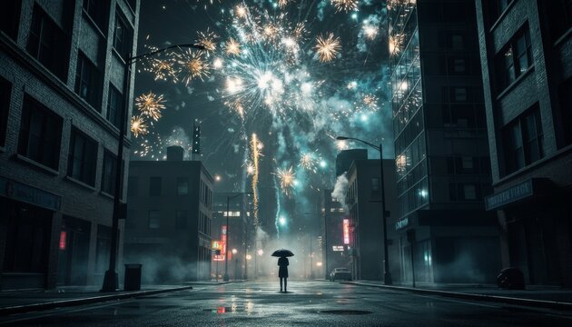 Lone silhouetted person holding an umbrella stands on a wet city street watching a spectacular fireworks display, creating a moody and cinematic urban night scene - Powered by Adobe
