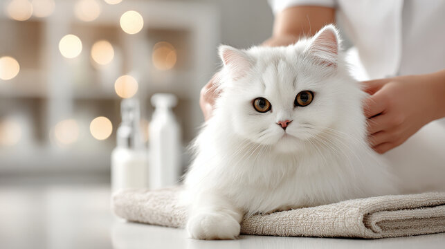 A beautiful white Persian cat being pampered at a pet spa. A fluffy white cat enjoys a relaxing spa day with a gentle massage