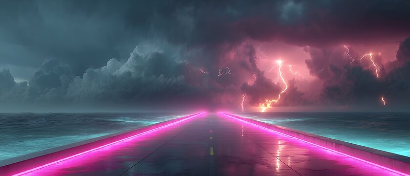 skybridge neon magenta leads into stormy abyss