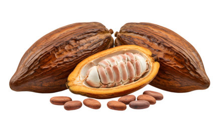 Fresh cocoa bean isolated transparent PNG background Ai generative., Cacao pods and beans and green fresh leaves isolated on transparent background, PNG