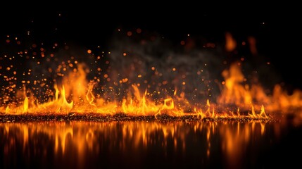 Bright flames dance and flicker in a dark environment. Sparks and embers shoot up into the air creating a striking visual. The scene captures the energy of a fire display at night.
