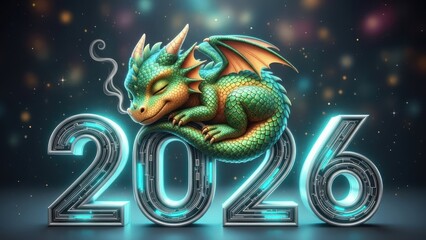 Fantasy dragon and glowing year 2026 artwork featuring a mythical dragon and shimmering neon numerals.