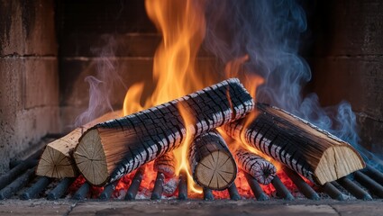 Burning firewood logs glow within the cozy indoor fireplace, bright orange flames and blue smoke rising over hot embers upon metal grates, creating a warm intimate atmosphere