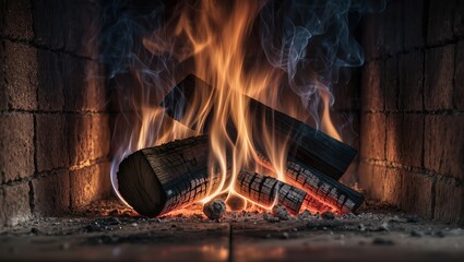 Glowing fireplace logs featuring drifting smoke at night, burning within the rustic brick hearth, captured close up with warm orange flames, soft embers, and a calm, cozy indoor mood
