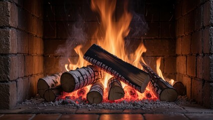 Cozy log fire glowing within rustic brick fireplace, featuring bright flames, hot embers, and soft evening indoor lighting creating the warm, intimate winter atmosphere and comforting mood