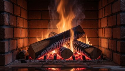Cozy evening firewood glowing within brick fireplace, bright orange flames and embers illuminating rustic masonry, closeup perspective creating the warm, tranquil indoor atmosphere