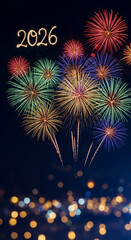 Fototapeta premium Image shows colorful firework against dark night sky with sparkling 