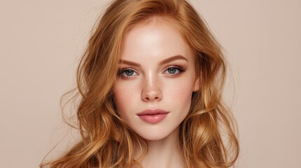 Fototapeta premium A young woman poses with soft waves in her long red hair. She shows off natural makeup that highlights her features. The setting is a light studio background.