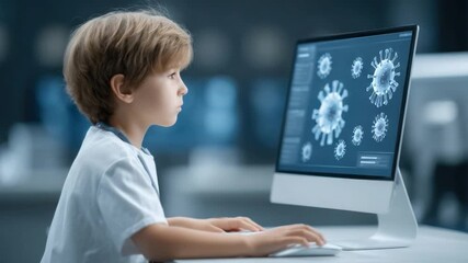 Young Child Engaged in Scientific Research at Modern Computer Displaying Virus Models in Educational Environment 4k video footage - Powered by Adobe