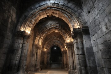 Obraz premium romanesque arches and stone pillars in a dark hallway