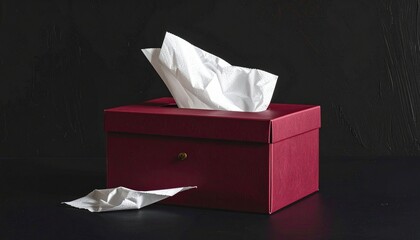 Red rectangular tissue box with single white tissue protruding on black background