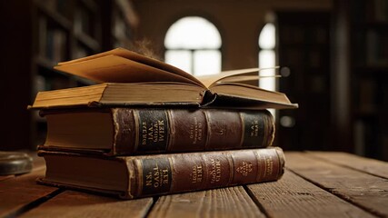 Pile of vintage leather bound books resting on a weathered wooden desk. One of the books is open, showcasing its timeless pages in a traditional, academic library ambiance
