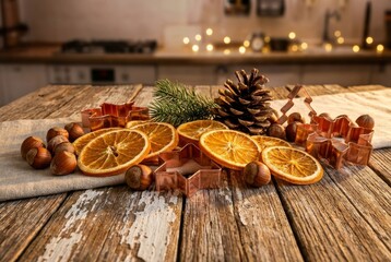 Festive Christmas arrangement of dried orange slices, copper cookie cutters, hazelnuts, and a pine cone on a rustic wooden table with a warm, cozy kitchen background