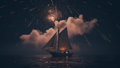 Traditional wooden sailing ship with an illuminated cabin sails on the dark sea during a festive celebration with exploding fireworks in the night sky