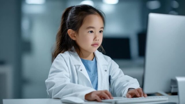 Young Girl in Lab Coat Working on Computer in Bright Modern Laboratory Setting 4k video footage