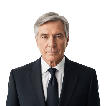Serious older gentleman in formal business attire featuring a dark suit and tie isolated on transparent background