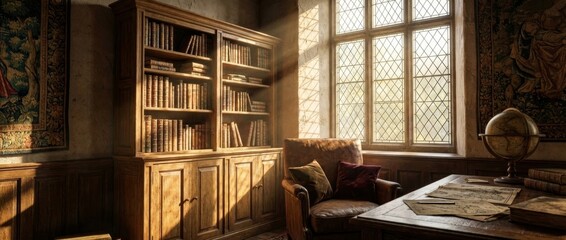 Classic vintage library study room with a large wooden bookcase, leather armchair, and desk illuminated by warm sunbeams streaming through a leaded glass window