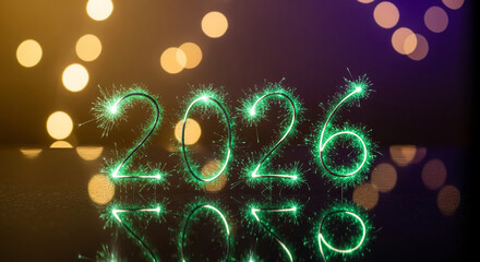 Sparkling green numerals '2026' against blurred bokeh lights. It represents a celebratory concept for a future year, suitable for promotion or festive design