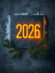 Bright neon &ldquo;2026&rdquo; glows with festive warmth against a frosty winter backdrop, symbolizing hope, fresh beginnings, and the excitement of a new year filled with possibility.