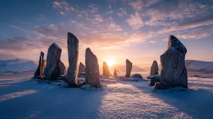 Sun setting or rising behind ancient standing stones in a snowy, dramatic mountain landscape with vibrant sky.