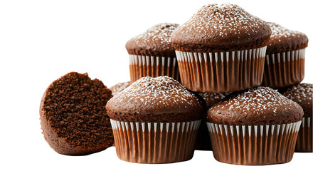Chocolate muffin muffins on transparent background cutout, PNG file, Chocolate cupcake topped with creamy frosting and a light dusting of cocoa isolated on white transparent